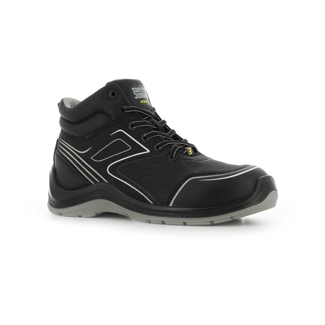 Μαύρο Safety Jogger Flow Mid με λευκές γραμμές και γκρι σόλα, μπροστά πλάγια όψη