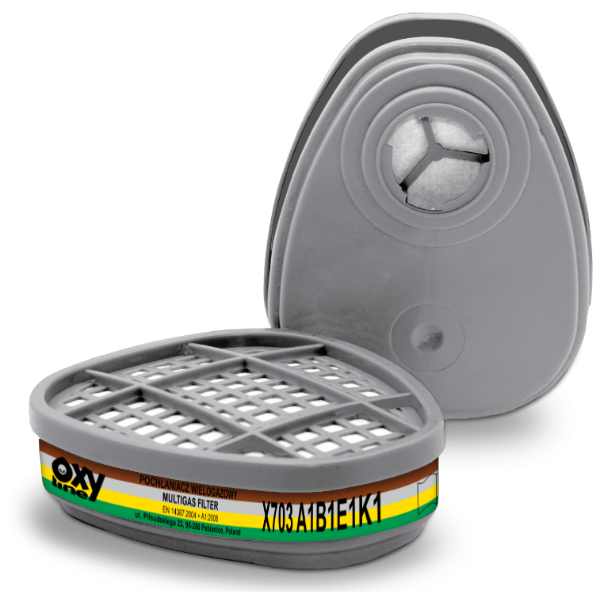 Δύο φίλτρα Oxyline X703 A1B1E1K1 σε γκρι περίβλημα με ετικέτα καφέ, γκρι, κίτρινη και πράσινη
