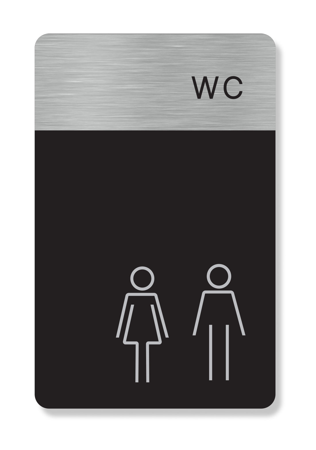 Πινακίδα WC HTA107 με WC σε ζώνη brushed metal και γκρι σύμβολα γυναίκας και άνδρα σε μαύρο