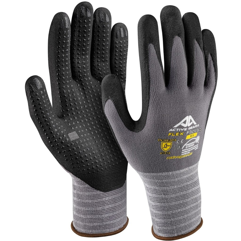 Γάντια Active Gear FLEX με γκρι πλεκτό και μαύρη επικάλυψη αφρού νιτριλίου με ανάγλυφες κουκκίδες