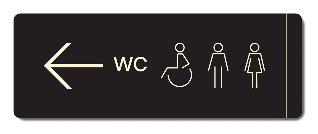 Μακρόστενη μαύρη πινακίδα WC HTA103 με βέλος αριστερά και σύμβολα αμαξιδίου, άνδρα και γυναίκας