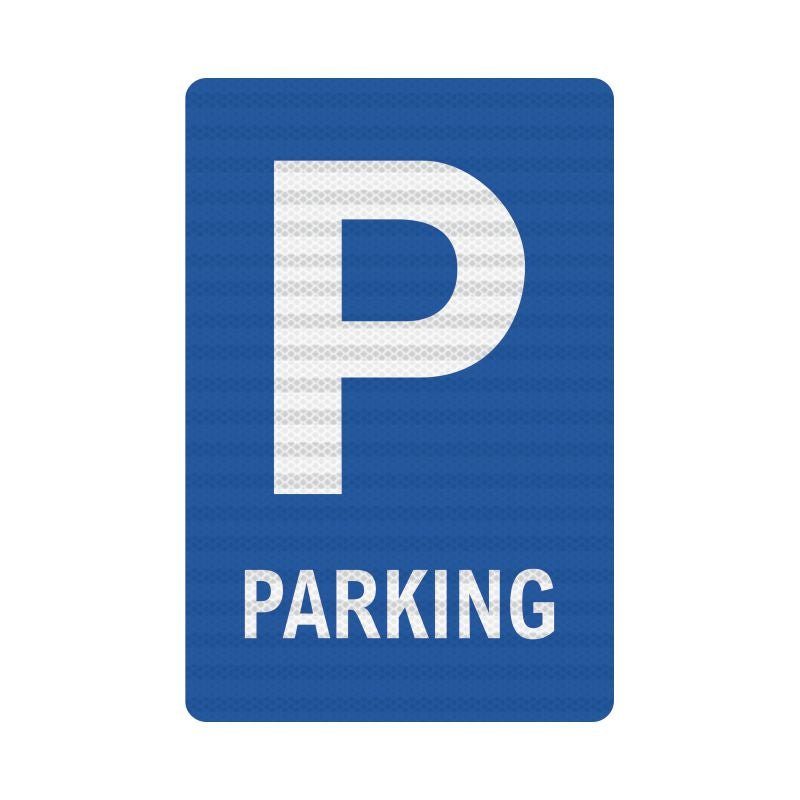 Μπλε πινακίδα Parking με μεγάλο λευκό P και τη λέξη PARKING