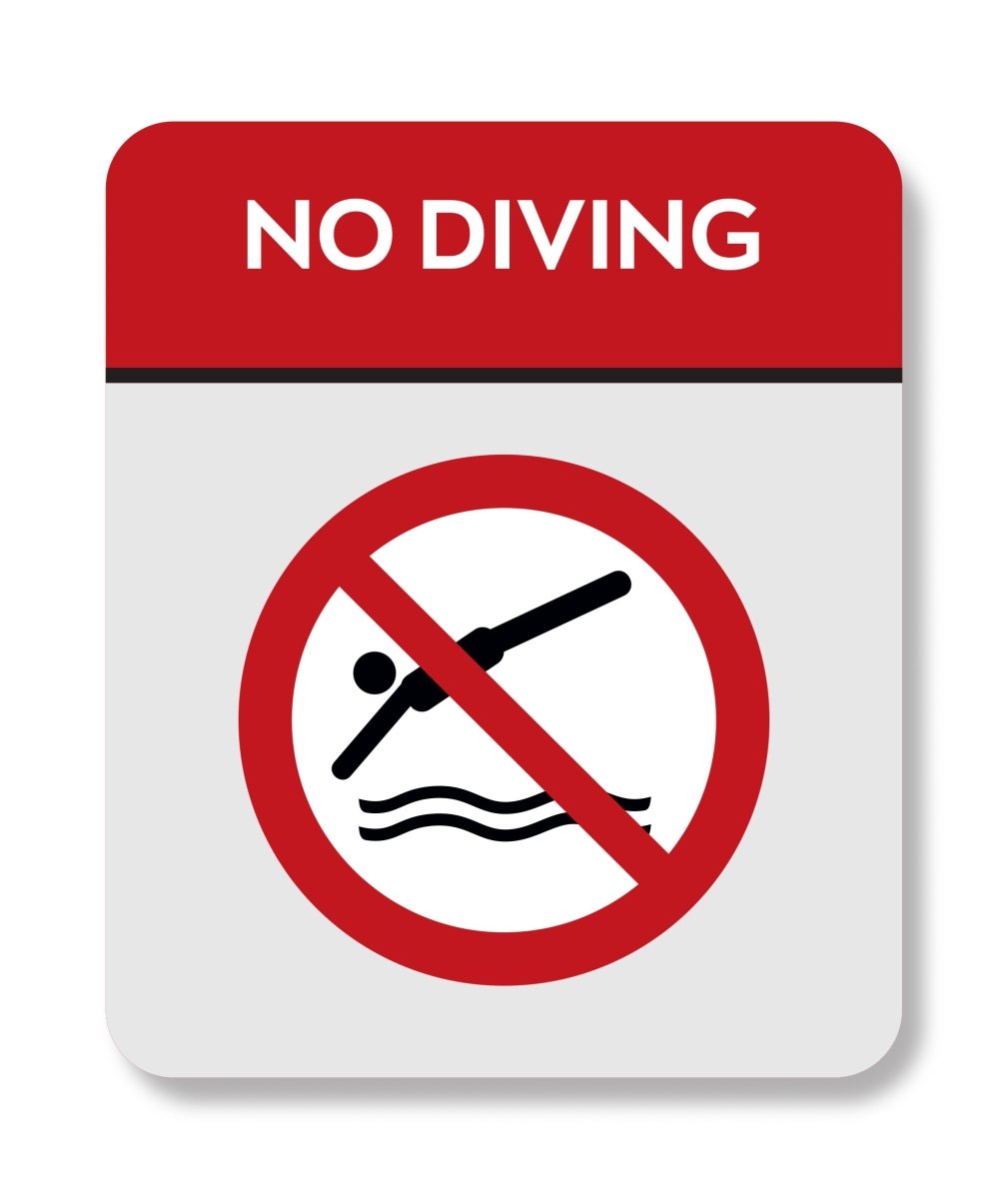 Πινακίδα πισίνας HTA110 NO DIVING με φιγούρα που βουτά μέσα σε κόκκινο κύκλο με διαγώνια γραμμή